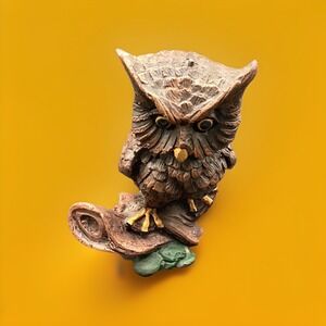 Vintage Figurine Resin Owl on‎ Branch 4.5" Tall Wildlife Rustic Decor Brown